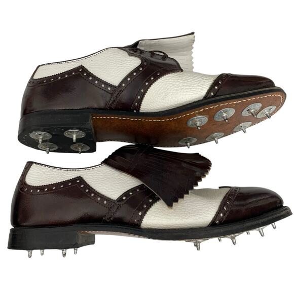 Vintage Etonic Wingtip Golf Shoes Men 11.5 D Metal Spikes Leather Brown White - Picture 2 of 11